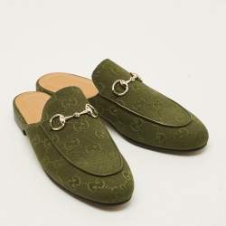 Pre Owned Gucci Princetown Size 36.5 Green GG Canvas Flat Mules