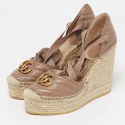 Pre Owned Gucci GG Marmont Size 38 Dusty Pink Leather Espadrille Wedge Sandals