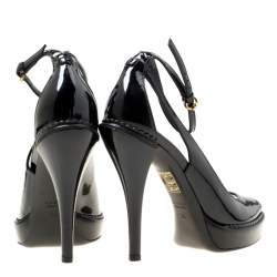 مملوكة مسبقًا Gucci Black Patent Leather Peep Toe Platform Ankle Strap Cut Out Pumps Size 36