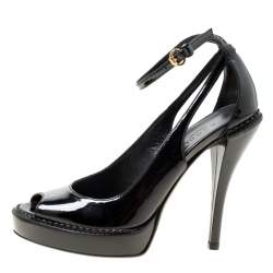 مملوكة مسبقًا Gucci Black Patent Leather Peep Toe Platform Ankle Strap Cut Out Pumps Size 36