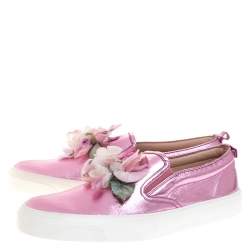 Gucci Pink Foil Leather Flower Slip On Sneakers Size 40