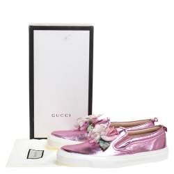 Gucci Pink Foil Leather Flower Slip On Sneakers Size 40