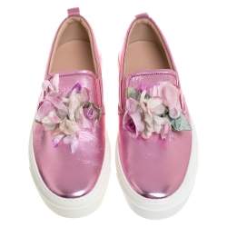 Gucci Pink Foil Leather Flower Slip On Sneakers Size 40