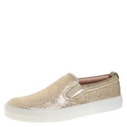 Pre Owned Gucci Metallic Gold Foil Leather Slip On Sneakers Size 37