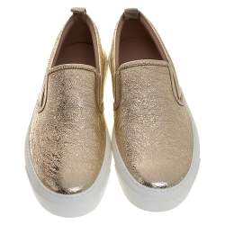 Pre Owned Gucci Metallic Gold Foil Leather Slip On Sneakers Size 37