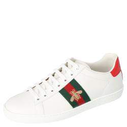 Pre Owned Gucci White Leather Embroidered Bee Ace Low-Top Sneakers Size 36