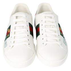 Pre Owned Gucci White Leather Gucci Band Embroidery Ace Low-Top Sneakers Size 36