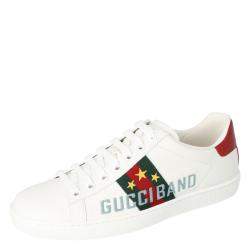 Pre Owned Gucci White Leather Gucci Band Embroidery Ace Low-Top Sneakers Size 38