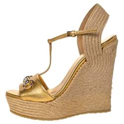 Pre Owned Gucci Metallic Gold Leather Horsebit Wedge Platform Espadrille Sandals Size 38