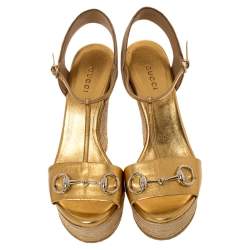 Pre Owned Gucci Metallic Gold Leather Horsebit Wedge Platform Espadrille Sandals Size 38