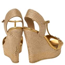 Pre Owned Gucci Metallic Gold Leather Horsebit Wedge Platform Espadrille Sandals Size 38