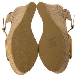 Pre Owned Gucci Metallic Gold Leather Horsebit Wedge Platform Espadrille Sandals Size 38