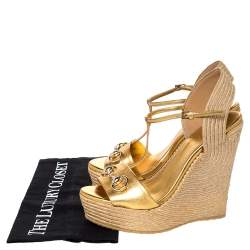 Pre Owned Gucci Metallic Gold Leather Horsebit Wedge Platform Espadrille Sandals Size 38