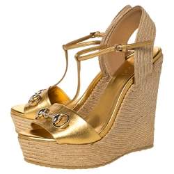 Pre Owned Gucci Metallic Gold Leather Horsebit Wedge Platform Espadrille Sandals Size 38