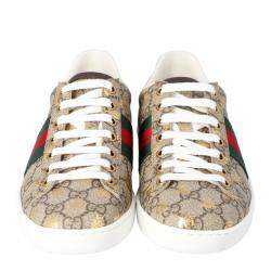 Pre Owned Gucci Brown/Beige GG Supreme Canvas Ace Bee Lace Up Sneakers Size 36
