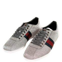 Pre Owned Gucci Silver Glitter Bambi Web Studded Sneakers Size 37