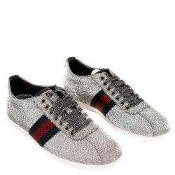 Pre Owned Gucci Silver Glitter Bambi Web Studded Sneakers Size 37