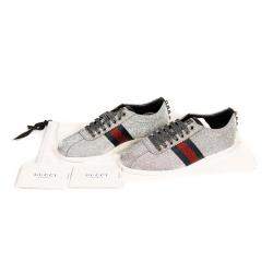 Pre Owned Gucci Silver Glitter Bambi Web Studded Sneakers Size 37