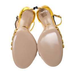 مملوكة مسبقًا Gucci Gold Leather Ophelia Flower Embroidered Strappy Sandals Size 38.5