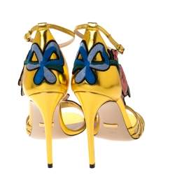مملوكة مسبقًا Gucci Gold Leather Ophelia Flower Embroidered Strappy Sandals Size 38.5
