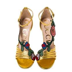 مملوكة مسبقًا Gucci Gold Leather Ophelia Flower Embroidered Strappy Sandals Size 38.5