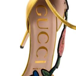 مملوكة مسبقًا Gucci Gold Leather Ophelia Flower Embroidered Strappy Sandals Size 38.5