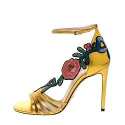 Gucci Gold Leather Ophelia Flower Embroidered Strappy Sandals