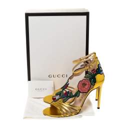 مملوكة مسبقًا Gucci Gold Leather Ophelia Flower Embroidered Strappy Sandals Size 38.5