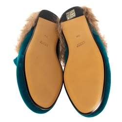 مملوكة مسبقًا Gucci Green/Brown Velvet and Fur Lined Princetown Flat Mule Size 38