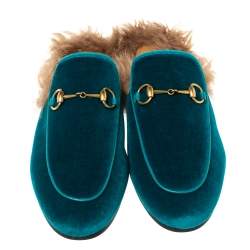 مملوكة مسبقًا Gucci Green/Brown Velvet and Fur Lined Princetown Flat Mule Size 38