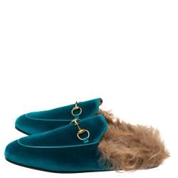 مملوكة مسبقًا Gucci Green/Brown Velvet and Fur Lined Princetown Flat Mule Size 38