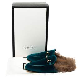 مملوكة مسبقًا Gucci Green/Brown Velvet and Fur Lined Princetown Flat Mule Size 38