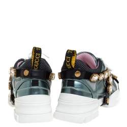 Gucci Metallic Leather and Mesh Flashtrek Removable Crystals Sneakers Size 36