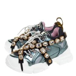 Gucci Metallic Leather and Mesh Flashtrek Removable Crystals Sneakers Size 36