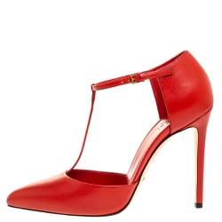 مملوكة مسبقًا Gucci Red Leather Pointed Toe T-Strap Pumps Size 39