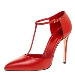 مملوكة مسبقًا Gucci Red Leather Pointed Toe T-Strap Pumps Size 39