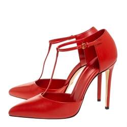 مملوكة مسبقًا Gucci Red Leather Pointed Toe T-Strap Pumps Size 39