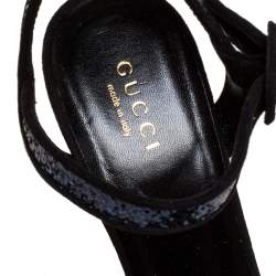 Pre Owned Gucci Metallic Blue Glitter Suede Ankle Strap Sandals Size 37.5