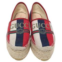 Gucci Multicolor Canvas Logo Sylvie Platform Espadrille Flats Size 38