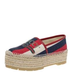 Gucci Multicolor Canvas Logo Sylvie Platform Espadrille Flats Size 38