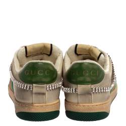 Pre Owned Gucci Off White Leather Screener Sneakers with Crystals Size 40