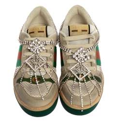 Pre Owned Gucci Off White Leather Screener Sneakers with Crystals Size 40