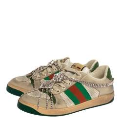 Pre Owned Gucci Off White Leather Screener Sneakers with Crystals Size 40