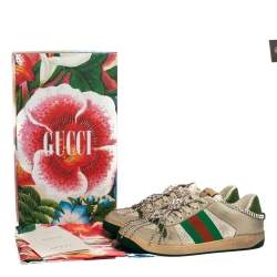 Pre Owned Gucci Off White Leather Screener Sneakers with Crystals Size 40
