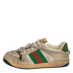 Pre Owned Gucci Off White Leather Screener Sneakers with Crystals Size 40