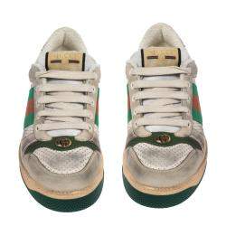 Pre Owned Gucci Off White Leather Screener Sneakers with Crystals Size 40