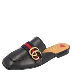 مملوكة مسبقًا Gucci Black Leather Peyton Square-Toe Mules Size 38