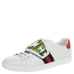 Gucci White Leather Ace Rainbow Patch Low Top Sneaker Size 38.5