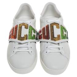 Gucci White Leather Ace Rainbow Patch Low Top Sneaker Size 38.5
