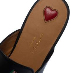 Gucci Black Leather Princetown Flower Embroidered Flat Mules Size 36